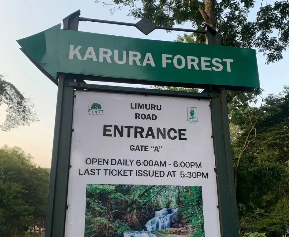 Karura Forest Gate A entrance sign on Limuru Road